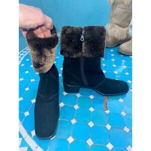 SALVATORE FERRAGAMO BLACK FUR TRIMMED SUEDE BOOTS 7.5N